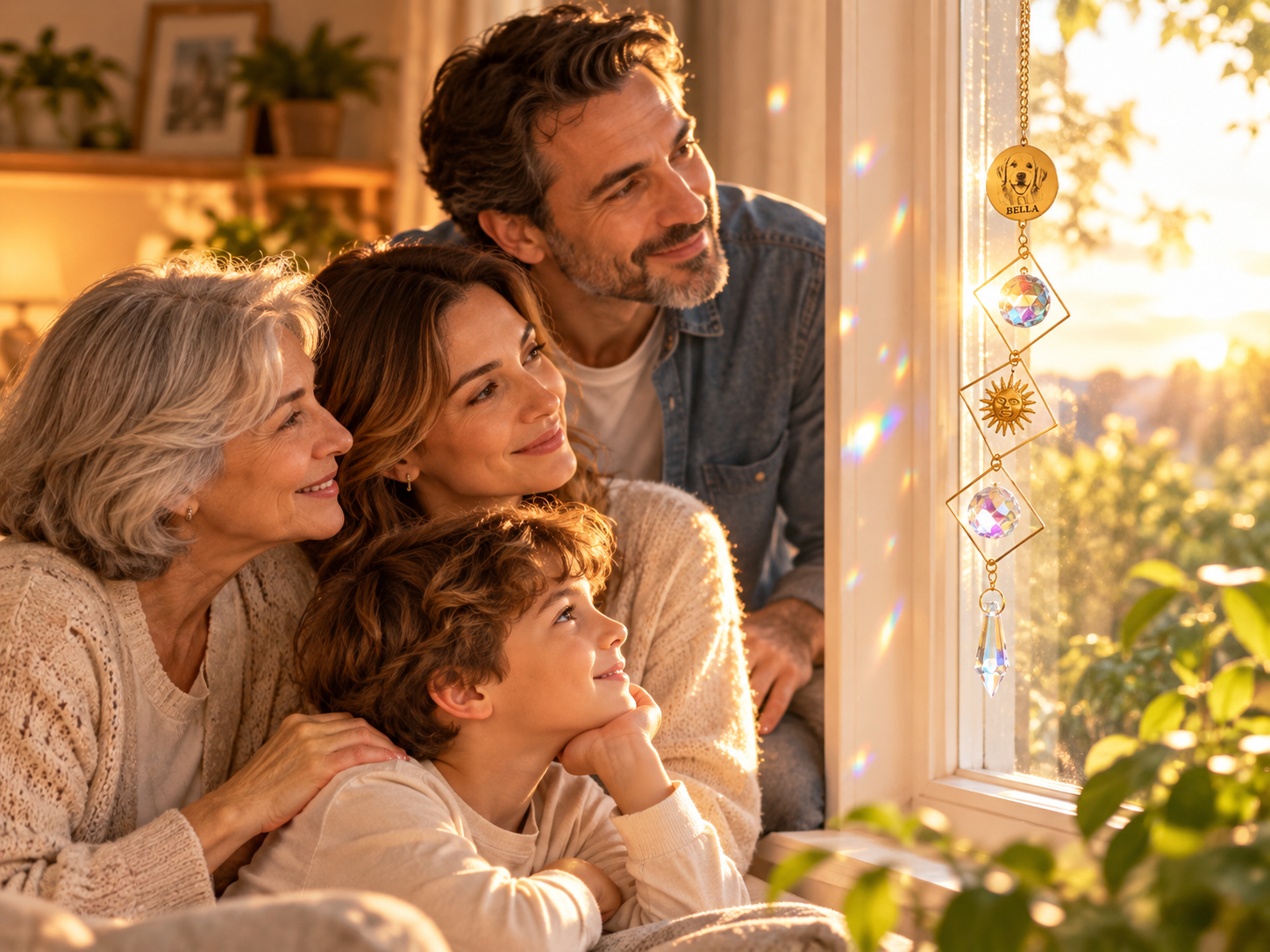 Familia en casa bajo los reflejos de luz del atrapasol