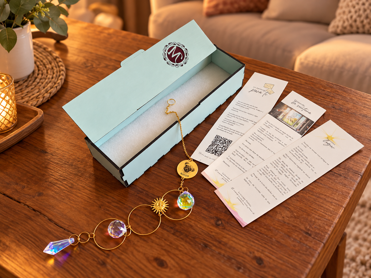 Conjunto Su Nuevo Lugar: caja abierta, tarjetas y atrapasol personalizado
